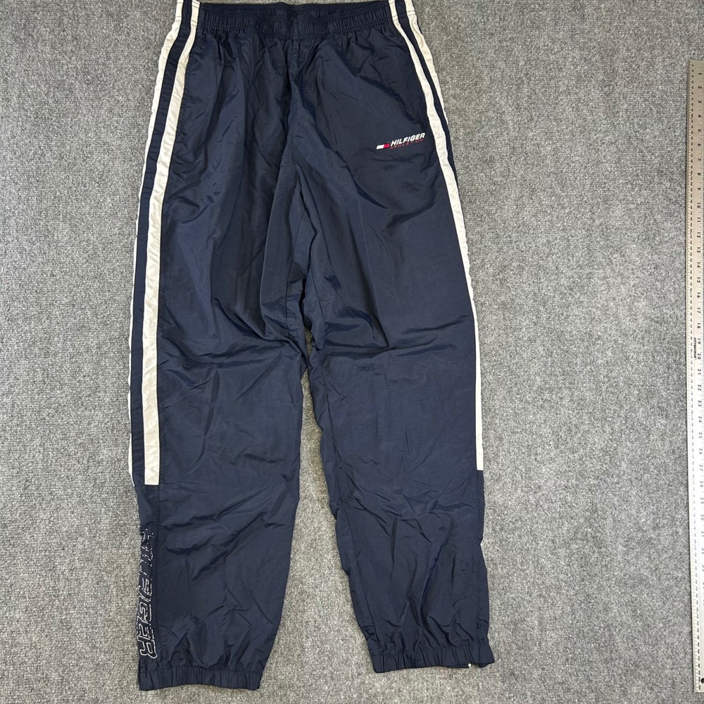 Hilfiger Athletics Mens Navy Blue Striped Nylon Track Pants Large Vintage Jogger